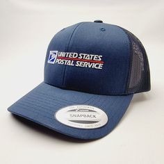 the united states postal service trucker hat is shown on a white background with a blue mesh back