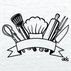 a black and white drawing of kitchen utensils with a ribbon around the corner