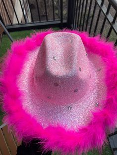 pink cowgirl hat with rhinestones Pink Fitted Hat For Rodeo, Fitted Pink Hat For Rodeo, Pink Wide Brim Mini Hat For Winter, Pink Wide Brim Hat For Rodeo, Western Style Winter Party Fedora, Fitted Western Pink Hat, Western Style Winter Fedora For Party, Western Style Fedora For Winter Parties, Pink Brimmed Hat For Rodeo