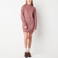 This by&by women's and junior's sweater dress is the perfect cozy chic addition for your fall and winter weekend looks or brunch dates. Made from a soft cable-knit, this short pullover dress has a relaxed-fit with a high mock neck and long drop-shoulder sleeves. Wear it with loafers and ankle socks. Closure Type: Pullover HeadNeckline: Mock NeckSleeve Length: Long SleeveSleeve Style: Drop-Shoulder SleeveApparel Length: 34.5 InchesDress Length: Short LengthFiber Content: 69% Polyester, 20% Acryli Winter Stretch Cotton Knee-high Socks, Stretch Cotton Knee-high Winter Socks, Spring Solid Color Knee-length Sweater Dress, Short Pullover, Spring V-neck Non-stretch Sweater Dress, Casual Brown Knee-length Sweater Dress, Sock Set, Socks Womens, Winter Weekend