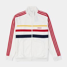 This track top nods to adidas' rich heritage of athletic apparel with a design that celebrates one of the biggest sporting events in the world. Made of soft interlock fabric, this cosy layer keeps you comfortable whether you're gearing up for your workout or winding down after a long day. White Cotton Collegiate Outerwear, White Moisture-wicking Sweatshirt For Winter, White Collegiate Cotton Outerwear, White Long Sleeve Track Jacket With Adidas Logo, Cotton Track Jacket With Three Stripes For Sports, White Long Sleeve Adidas Track Jacket, Cotton Track Jacket With Three Stripes, White Sports Outerwear With Three Stripes Branding, Sports Tops With Three Stripes For Fall