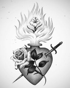 a black and white drawing of a rose in a vase with fire coming out of it