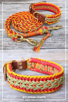 an orange, yellow and green braided dog leash on a wooden surface with the words wilding crafts written below it