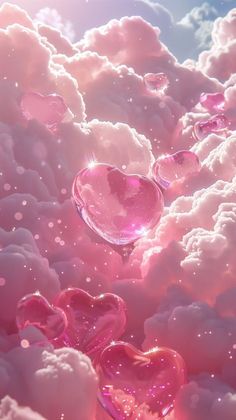 pink hearts floating in the sky above clouds