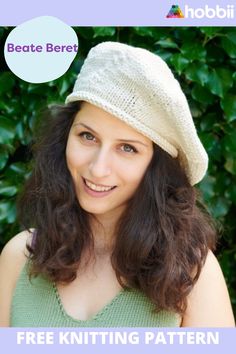 a woman wearing a knitted hat with the words free knitting pattern below her head