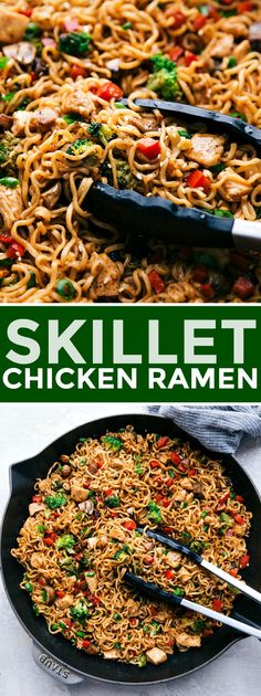 skillet chicken ramen recipe in a pan with tongs on the side and green text overlay