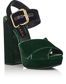 Colorblocked Velvet Platform Sandals + Prada's green and black colorblocked velvet ankle-strap sandals are styled with a thick platform and chunky block heel.