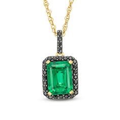 Curate your collection of classic accessories with this unforgettable fashion necklace. Crafted in warm 10K gold, this refined design showcases an 8.0 x 6.0mm emerald-cut lab-created verdant-green emerald wrapped in a frame of alluring enhanced black diamonds. Additional enhanced black diamonds glisten along the linear bail. Radiant with 1/8 ct. t.w. of diamonds and a brilliant buffed luster, this pendant suspends along an 18.0-inch rope chain that secures with a spring-ring clasp. Classic 14k Gold Emerald Cut Emerald Necklace, Elegant Emerald Cut Emerald Necklace In Yellow Gold, Classic Emerald Necklace For May Birthstone, Elegant Yellow Gold Emerald Cut Emerald Necklace, Classic Emerald Necklace With Diamond Cut, Elegant Rectangular Emerald Necklace For Formal Occasions, Elegant Rectangular Emerald Necklace For Formal Events, Classic Emerald Birthstone Necklace For Formal Occasions, Classic Emerald Necklace As Birthstone For Formal Occasions