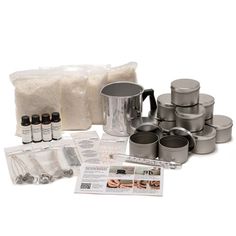 the contents of a coffee maker are shown in front of a white bag and several other items