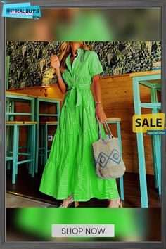 Fashion Stripe Short Sleeve Loose Medium Length Dress Green Non-stretch Short Sleeve Maxi Dress, Green Non-stretch Maxi Dress With Short Sleeves, Medium Length Dress, Striped Shorts, Women's Fashion Dresses, Medium Length, Dress Length, Fashion Dresses