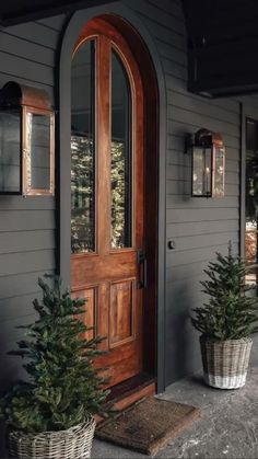 two potted christmas trees sitting on the front steps of a house with an arched wooden door