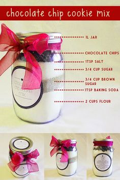 chocolate chip cookie mix in a glass jar with pink ribbon and instructions on how to make it