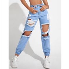 Discontinued. Brand New Never Worn. Accidentally Ordered Two Pairs. Still In The Bag. Size 8/10 Cute Ripped Jeans, Outfits Con Jeans, Shein Jeans, Ripped Boyfriend Jeans, Ankle Length Jeans, Jeans Material, Fashion Joggers, Teenage Fashion Outfits, Light Wash Denim