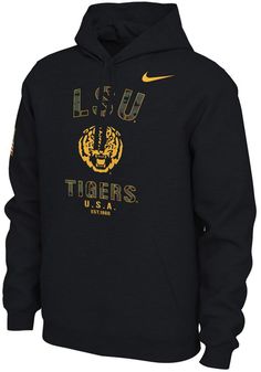 Put your Tigers spirit on display in this LSU Tigers Long Sleeve Hoodie! You'll be cozy on game day in this LSU Mens Black Camo Veterans Day Hooded Sweatshirt. This Tigers Long Sleeve Hoodie features a screen print team name arched over team logo in Camo print on front chest with United States flag on left sleeve. Wear your LSU Tigers spirit with pride in this great Mens Hooded Sweatshirt! Ultra comfy cotton blend, Graphic on chest, Medium-Weight, Drawstrings at neck, Kangaroo pockets, Ribbed cu Nike Cotton Hoodie With Graphic Print, Nike Cotton Sweatshirt With Graphic Print, Nike Cotton Sweatshirt With Kangaroo Pocket, Nike Cotton Hoodie With Letter Print, Nike Cotton Hoodie For Fan Gear, Nike Cotton Sweatshirt For Fans, Cotton Fan Apparel Hoodie With Kangaroo Pocket, Collegiate Cotton Sweatshirt With Kangaroo Pocket, Black Cotton Hoodie For Fan Gear