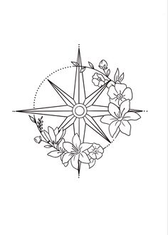 a black and white drawing of a compass with flowers on it's side,