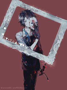 an anime character holding a frame with her face covered in blood and the caption says,