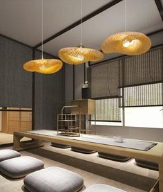 a room with some lights hanging from the ceiling and stools in front of it