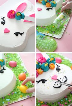 the process of making a cake with icing and decorations on it, including an easter bunny face