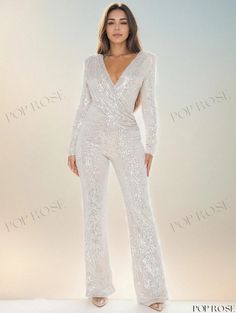 Poprose - Glamorous Sequin Jumpsuit with Long Sleeves and V-Neck Jumpsuit With Long Sleeves, Club Jumpsuit, Knit Shirt Dress, Sequin Sleeve, Sequin Jumpsuit, Bodysuit Blouse, White Jumpsuit, Daily Dress, Winter Coats Women