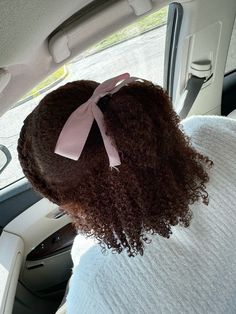 curly hair, natural hair, cute hairstyles, hairstyles, bow hairstyles, ginger hair color,spring Natural Hair With Ribbon, Hair Up And Down, 4c Bow Hairstyle, Ribbon Natural Hair, Bows Curly Hair, Natural Hair With Bow, Coquette Natural Hairstyles, Bows In Curly Hair, Bow Curly Hairstyle