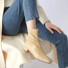 Squared Toe Leather Slimming Boots Sock Boots Yellow/Beige/Black/Coffee Leather Sock Boots, Taupe Shoes, Beautiful Days, Oxford Boots, Yellow Beige, Buckle Ankle Boots, Sock Boots, Leather Socks, Toe Socks