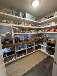 DIY pantry • built from scratch using 4x8 sheets of pine and trim is maple/poplar Barndo Pantry, Full Pantry Of Food, Barndominium With Hidden Pantry, Barndominium Kitchen Corner Pantry, Kitchen Barndominium, Walk In Pantry Dimensions Barn Door