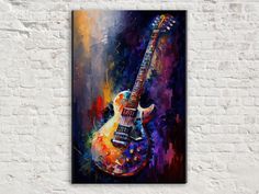 an abstract painting of a guitar on a brick wall