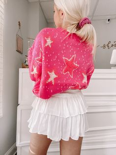 Popstar Punch Hot Pink Star Sweater | Sassy Shortcake Boutique | sassyshortcake.com Oversized Star Print Sweater, Pink Star Sweater, Preppy Basics, Preppy Wardrobe, Preppy Tops, School Dance Dresses, Preppy Winter, Hot Pink Sweater, Pink Star