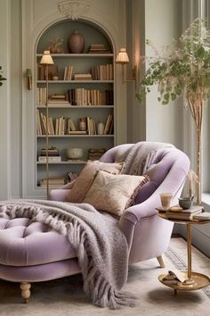 a living room filled with furniture and bookshelves