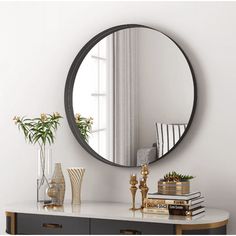 NXHOME 32 in. W x 32 in. H Bathroom Vanity Round Framed Wall Mirror.This decorative round mirror can be hung nicely on a wall, using bevel cutting technology to make the surface of the mirror smooth and beautiful. The color of black makes the overall decoration look more gorgeous and luxurious, which is a good choice for the living room mirror. Size: 32*32. Round Vanity Mirror, Black Round Mirror, Round Vanity, Modern Bathroom Mirrors, Perfect Bathroom, Hanging Wall Mirror, Mirror Wall Bathroom, Metal Wall Hangings, Modern Mirror