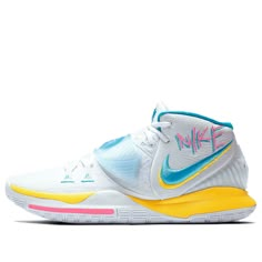 Nike Kyrie 6 'Neon Graffiti' White/Opti Yellow/Digital Pink/Blue Fury Basketball Shoes/Sneakers Vball Shoes, Zapatillas Nike Basketball, Vb Shoes, Basketball Shoes Kyrie, Best Volleyball Shoes, Neon Graffiti, Hoop Shoes, Bball Shoes, Kyrie 6