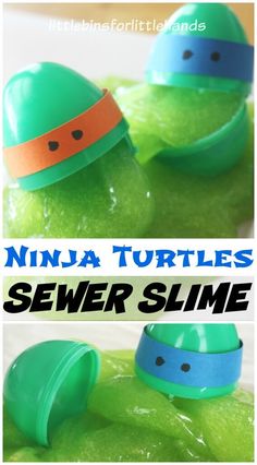 two pictures of ninja turtles in plastic cups with text overlay that reads, ninja turtles sewer slime