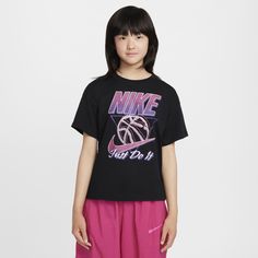 Celebrate your love of hoops off court in this roomy tee. Made with soft, breathable cotton, it feels perfectly roomy in every way. Nike Cotton T-shirt For Basketball, Casual Nike T-shirt For Basketball, Nike Casual Basketball T-shirt, Nike Basketball Tops With Graphic Print, Nike Graphic Print Basketball Tops, Basketball Sportswear Tops With Letter Print, Basketball Letter Print Sportswear Tops, Letter Print Sportswear Tops For Basketball, Sportswear Tops With Letter Print For Basketball