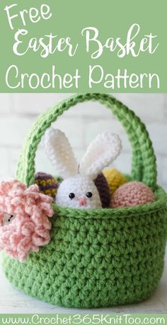 a crocheted basket with an easter bunny in it and the text, free pattern