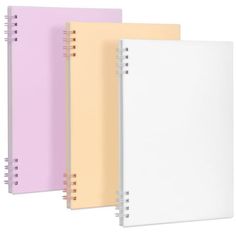 three spiral bound notebooks in various colors and sizes, one is pink, the other is yellow