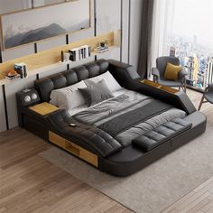 a large bed sitting on top of a hard wood floor