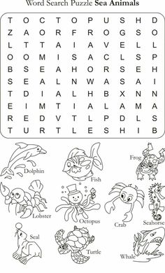 the word search puzzle for sea animals is shown in black and white, with an image of