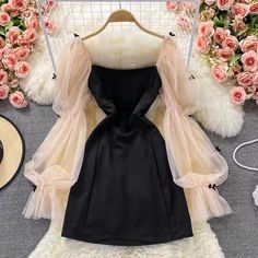 Cute bubble sleeve dress, high waist, mesh stitching Square Neck Dress Long Sleeve, Square Neck Dress Long, Gorgeous Wedding Dress Princesses, Bubble Sleeve Dress, Princess Bridal Gown, Most Beautiful Wedding Dresses, French Retro, Black Dress With Sleeves, 21st Dresses