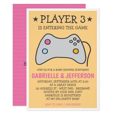 a pink and yellow birthday party card with a video game controller on the front, playing 3 is entering the game