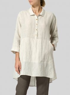 Linen Classic Collar A Shape Tunic Linen Tunic For Loungewear, Spring Linen Tunic For Loungewear, Lagenlook Long Sleeve Linen Tunic, Beige Linen Tunic With Relaxed Fit, Beige Lagenlook Linen Dress, Elegant Linen Tunic For Daywear, Relaxed Fit Linen Tunic For Loungewear, Relaxed Linen Tunic For Loungewear, Beautiful Casual Dresses