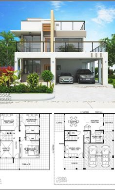 two story house plan with three car garages in the front and four bedroom on the back