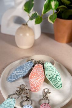 several key chains sitting on a plate next to a potted plant