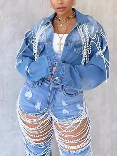 Material: Denim Long Sleeve Loose Fit Pearl Chain Detail Handcrafted Beading Short Length Beaded Denim, Sleek Fashion, Pearl Chain, Denim Blue, Blue Denim, Beading, Promotion, Denim Jacket, Coats Jackets