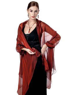 "100% silk stole wrap with sleeves made with finest iridescent chiffon of Venetian Red color. Great accessories for elegant evening dress ------------------------------------------------------------ Please measure your arms and bust before to order: Fits sizes S - XL BUST: 32 - 40 inches UPPER ARMS: 11-13 inches WRISTS: 8 - 10 inches ----------------------------------------------------------- NB:The sleeves of this stole are made just to hold this wrap on your forearms, but not to wear it as a j Elegant Silk Scarf For Formal Occasions, Elegant Formal Silk Scarf, Chic Silk Shawl For Party, Chic Silk Evening Shawl, Elegant Red Shawl For Party, Red Silk Scarf For Wedding, Silk Shawl Scarf For Party, Sheer Shawl For Evening, Elegant Organza Shawl For Evening