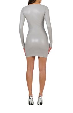 A zip-up front enhances the sleek silhouette of a long-sleeve minidress shaped from smooth, shiny faux leather. 30 1/2" length Front zip closure Sweetheart neck Long sleeves Lined 60% polyurethane, 35% rayon, 5% spandex Spot clean Imported Naked Wardrobe, Sweetheart Neck, Dress Codes, Zip Up, Light Grey, Zip Ups, Top Brands, Faux Leather, Sleek