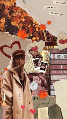 a collage of books, papers, and a woman in a trench coat holding a candle