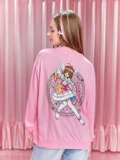 Pink Casual Collar Long Sleeve Knitted Fabric Cartoon,Figure,Letter,Plants Pullovers Embellished Slight Stretch  Women Clothing Women Sweatshirts, How To Line Lips, Cardcaptor Sakura, Oversized Sweatshirt, Kids Beachwear, Cartoon Character, Long Sleeve Knit, Letter Print, Letter Prints