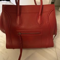 Celine, Red Leather Phantom Bag. Perfect Condition! High-end Red Bag For Everyday Use, High-end Red Shoulder Bag, Luxury Red Satchel With Detachable Strap, Luxury Red Satchel For Daily Use, High-end Red Top Handle Satchel, Red Luxury Shoulder Bag For Daily Use, High-end Red Satchel For Shopping, High-end Red Shopping Bag, High-end Red Bag With Removable Pouch