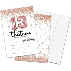 a pink 13th birthday card with the number thirteen on it and gold confetti