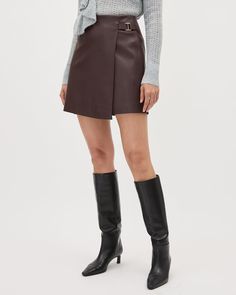 Faux Leather Mini Wrap Skirt | RW&CO. Leather Wrap Skirt, Brown Leather Skirt, Yoga Jeans, Brown Mini Skirt, Mini Wrap Skirt, Mini Wrap, Slim Fit Dress Shirts, Maternity Shops, Slim Fit Dresses